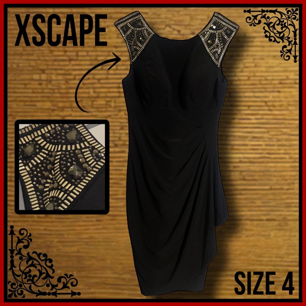 XSCAPE ruched black with silver & gold beads faux wrap cocktail DRESS size 4